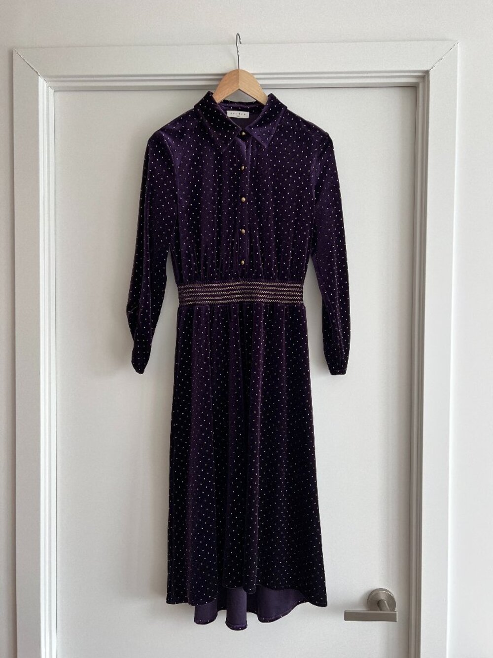Sandro Paris Purple Velvet Midi Dress Gold Polka Dot XS/S Wedding Guest
